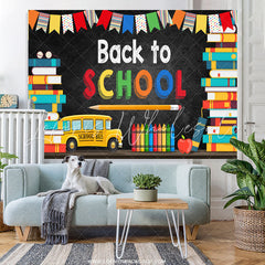 Lofaris School Bus And Colorful Flags Back To Backdrop