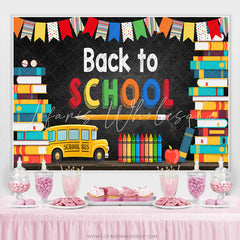 Lofaris School Bus And Colorful Flags Back To Backdrop