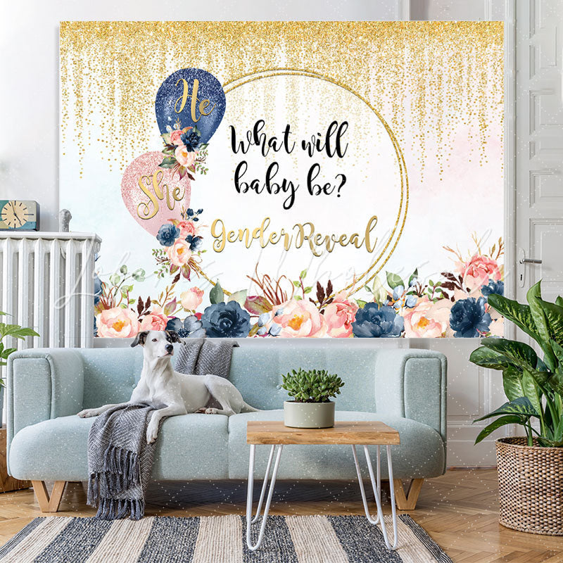 Lofaris She or He Golden Glitter Floral Baby Shower Backdrop
