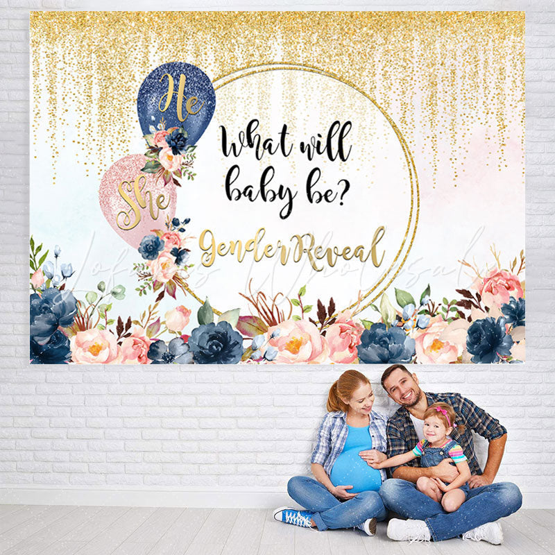 Lofaris She or He Golden Glitter Floral Baby Shower Backdrop