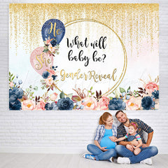 Lofaris She or He Golden Glitter Floral Baby Shower Backdrop