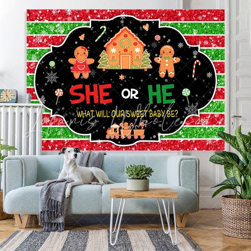 Lofaris She or He stripe Gingerbread Snow Baby Shower Backdrop