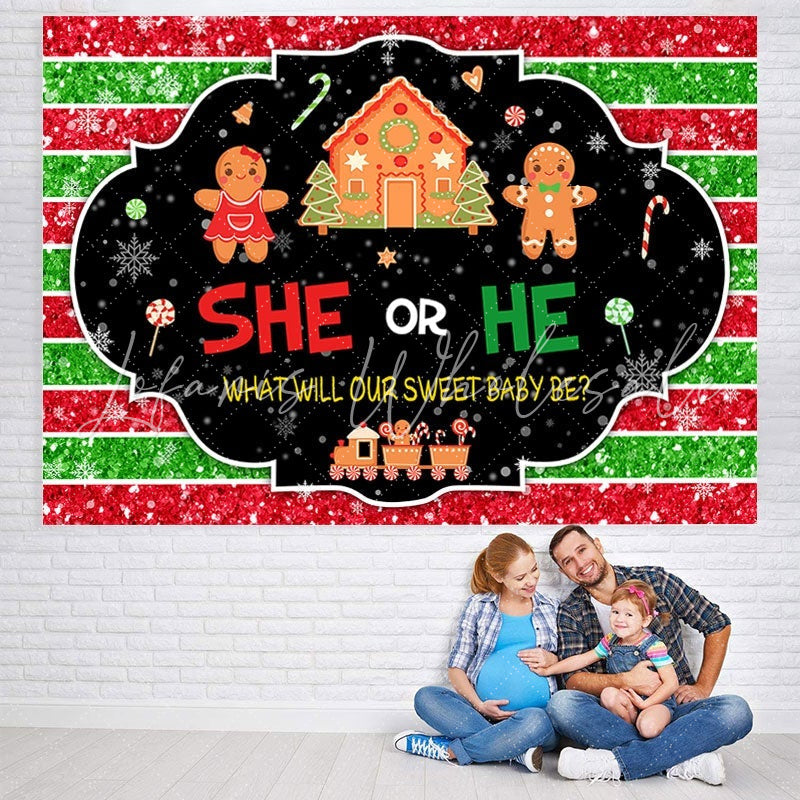 Lofaris She or He stripe Gingerbread Snow Baby Shower Backdrop