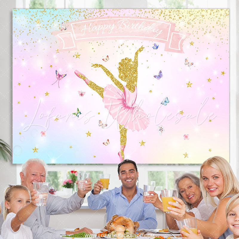 Lofaris Shiny Ballerina With Buttfly Happy Birthday Backdrop