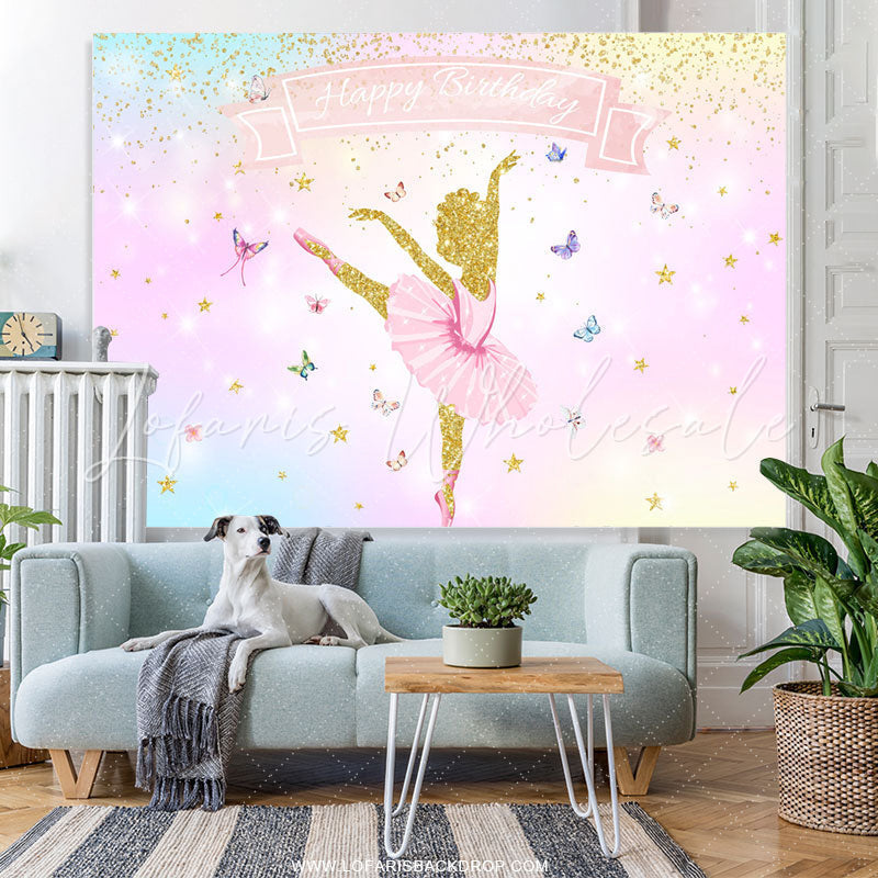 Lofaris Shiny Ballerina With Buttfly Happy Birthday Backdrop