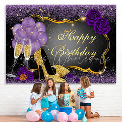 Lofaris Shiny Sequin High Heels Purple Rose Birthday Backdrop
