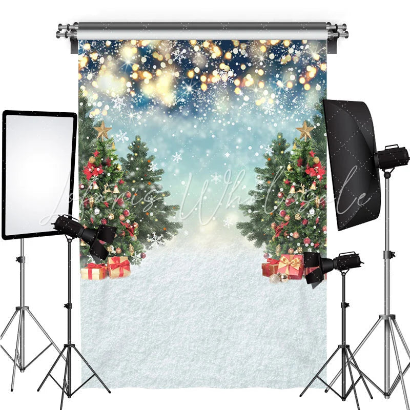 Lofaris Shiny Snow World with Christmas Tree and Gift Backdrop