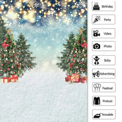Lofaris Shiny Snow World with Christmas Tree and Gift Backdrop