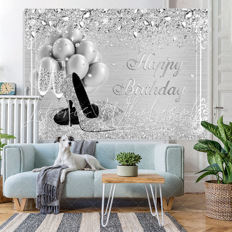 Lofaris Silver And Glitter Balloon Happy Birthday Backdrop