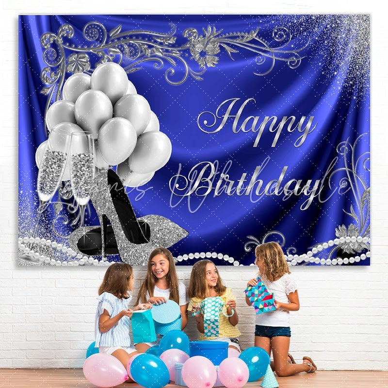 Lofaris Silver Balloon and Heels Blue Happy Birthday Backdrop