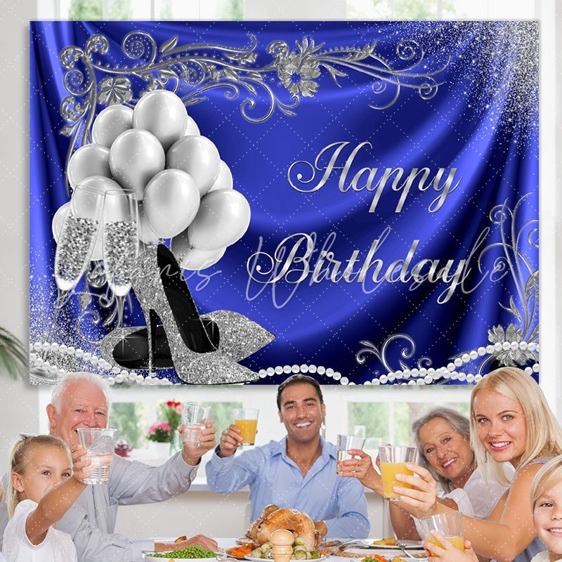 Lofaris Silver Balloon and Heels Blue Happy Birthday Backdrop