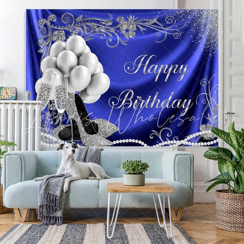 Lofaris Silver Balloon and Heels Blue Happy Birthday Backdrop