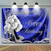 Lofaris Silver Balloon and Heels Blue Happy Birthday Backdrop