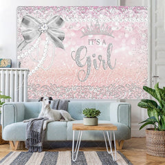 Lofaris Silver Bow And Crown Giltter Pink Baby Shower Backdrop