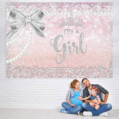 Lofaris Silver Bow And Crown Giltter Pink Baby Shower Backdrop