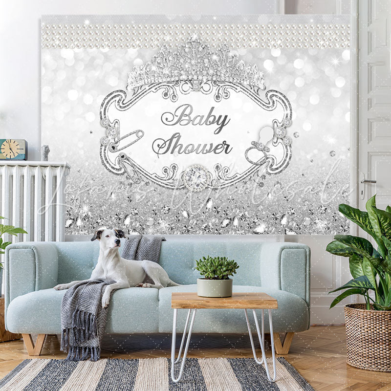 Lofaris Silver Crown Diamond Pearl Glitter Baby Shower Backdrop