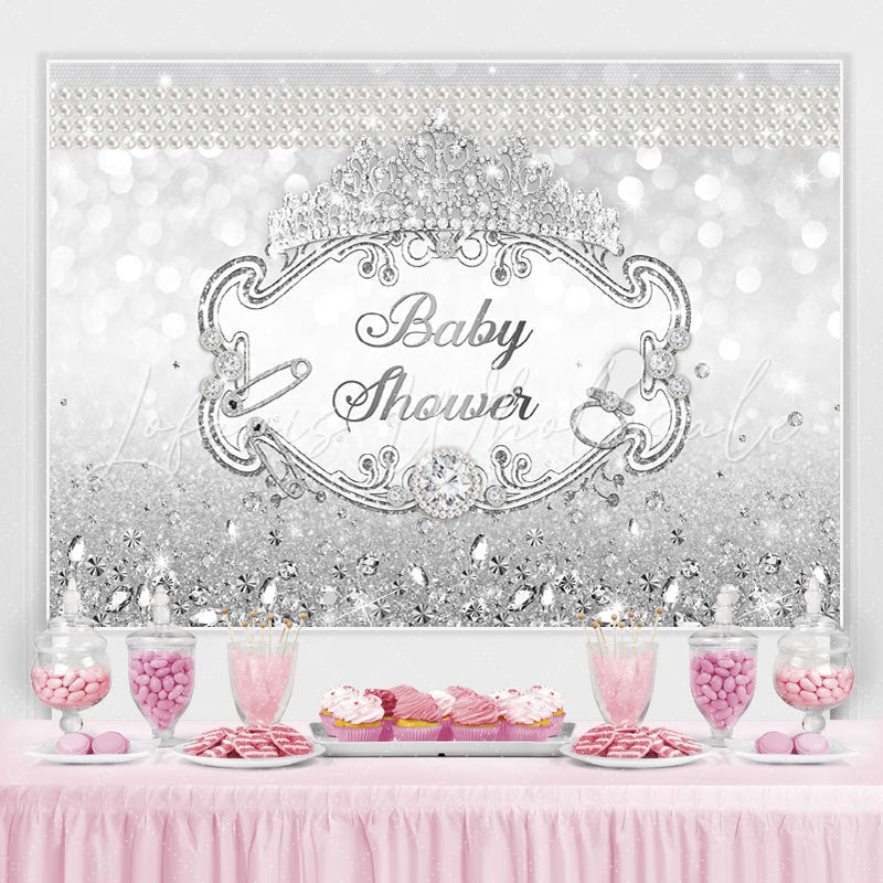 Lofaris Silver Crown Diamond Pearl Glitter Baby Shower Backdrop