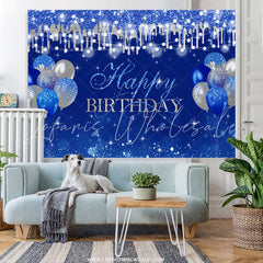 Lofaris Silver Glitter Navy Blue Balloon Happy Birthday Backdrop