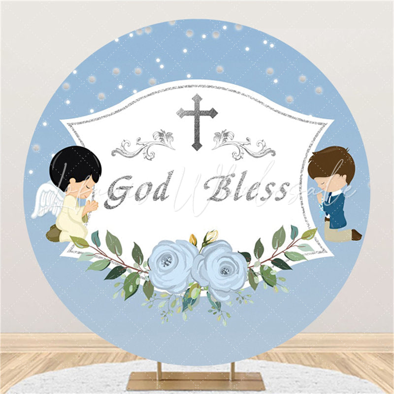 Lofaris Silver God Bless Blue Flower Birthday Round Backdrop