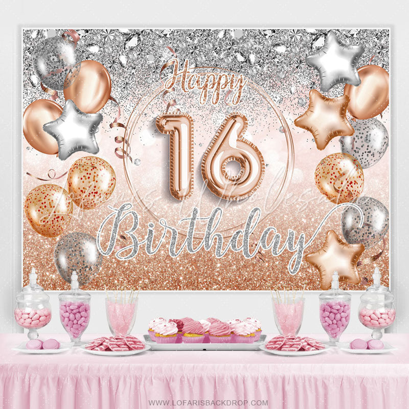 Lofaris Silver Rose Gold Balloon Happy 16Th Birthday Backdrop