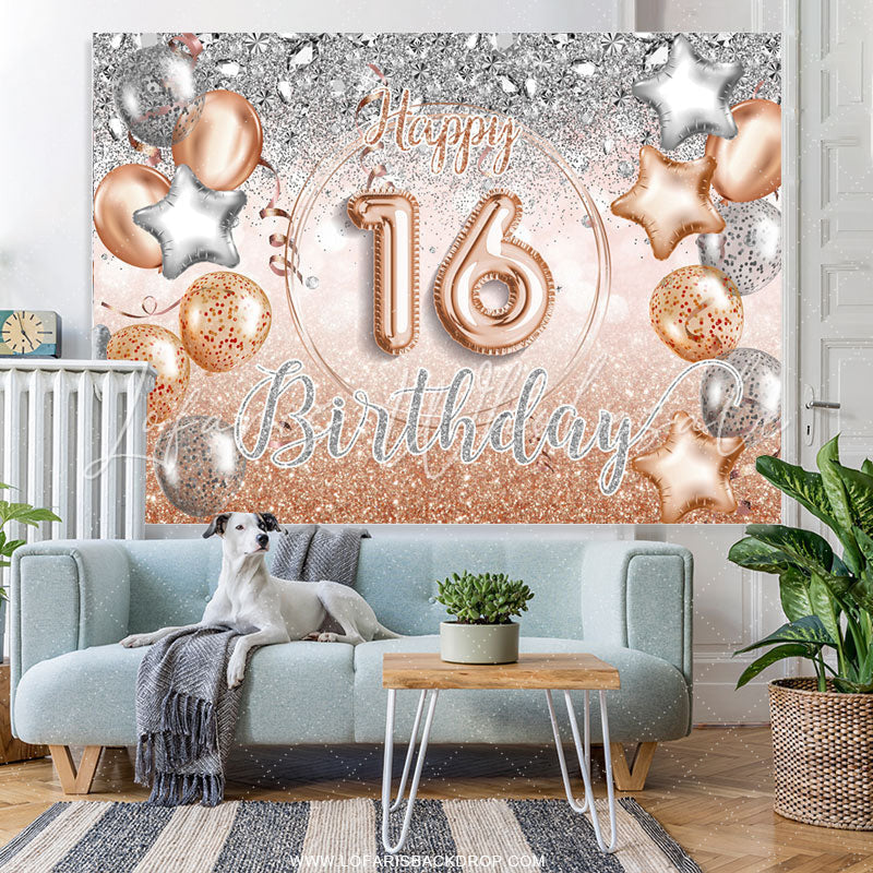 Lofaris Silver Rose Gold Balloon Happy 16Th Birthday Backdrop