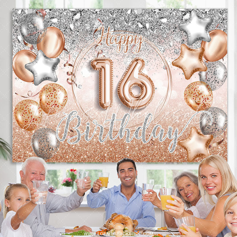Lofaris Silver Rose Gold Balloon Happy 16Th Birthday Backdrop