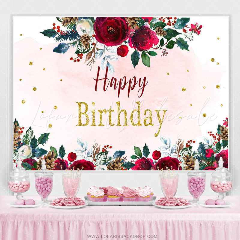 Lofaris Simple Floral Winter Theme Happy Birthday Backdrop