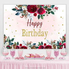 Lofaris Simple Floral Winter Theme Happy Birthday Backdrop