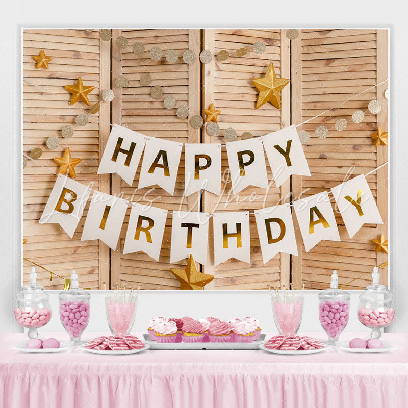 Lofaris Simple Happy Birthday Flag Stars Wooden Party Backdrop