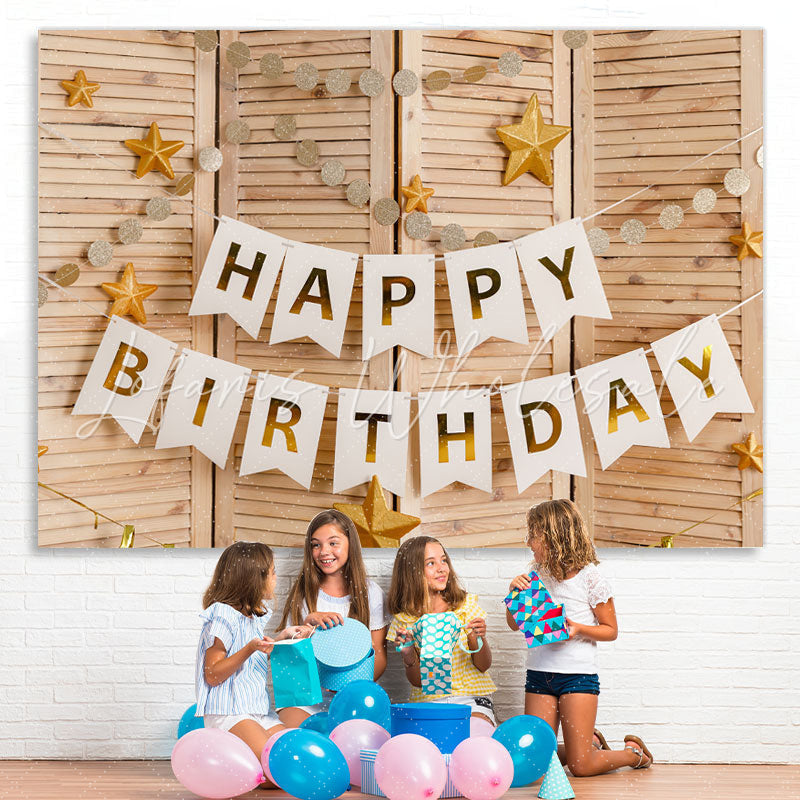Lofaris Simple Happy Birthday Flag Stars Wooden Party Backdrop