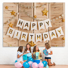 Lofaris Simple Happy Birthday Flag Stars Wooden Party Backdrop