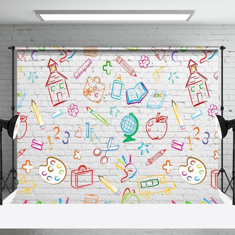 Lofaris Simple Lines White Brick Wall Back To School Backdrop