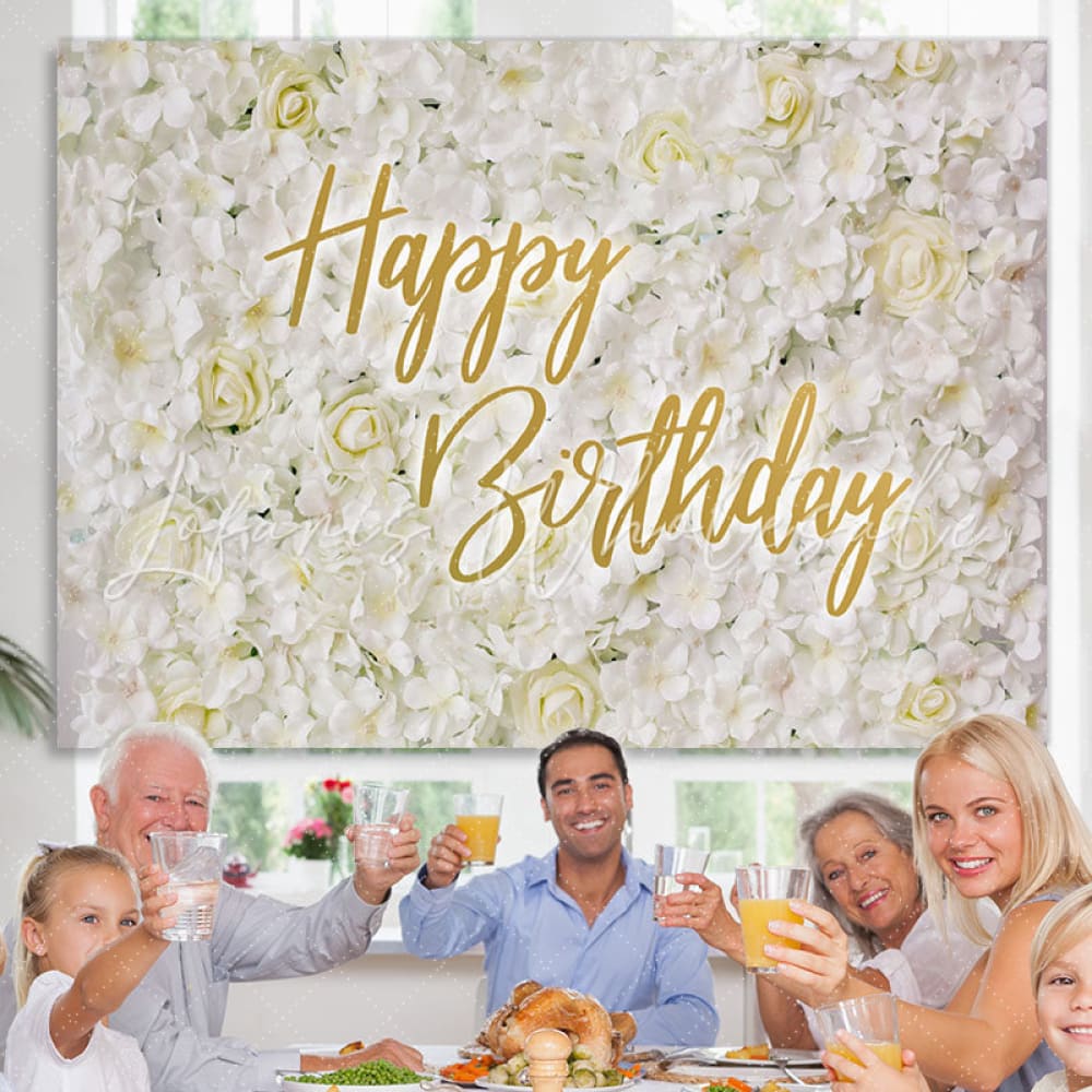 Lofaris Simple White And Floral Elegant Happy Birthday Backdrop