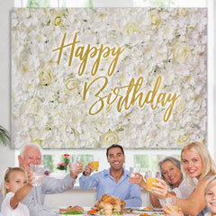 Lofaris Simple White And Floral Elegant Happy Birthday Backdrop