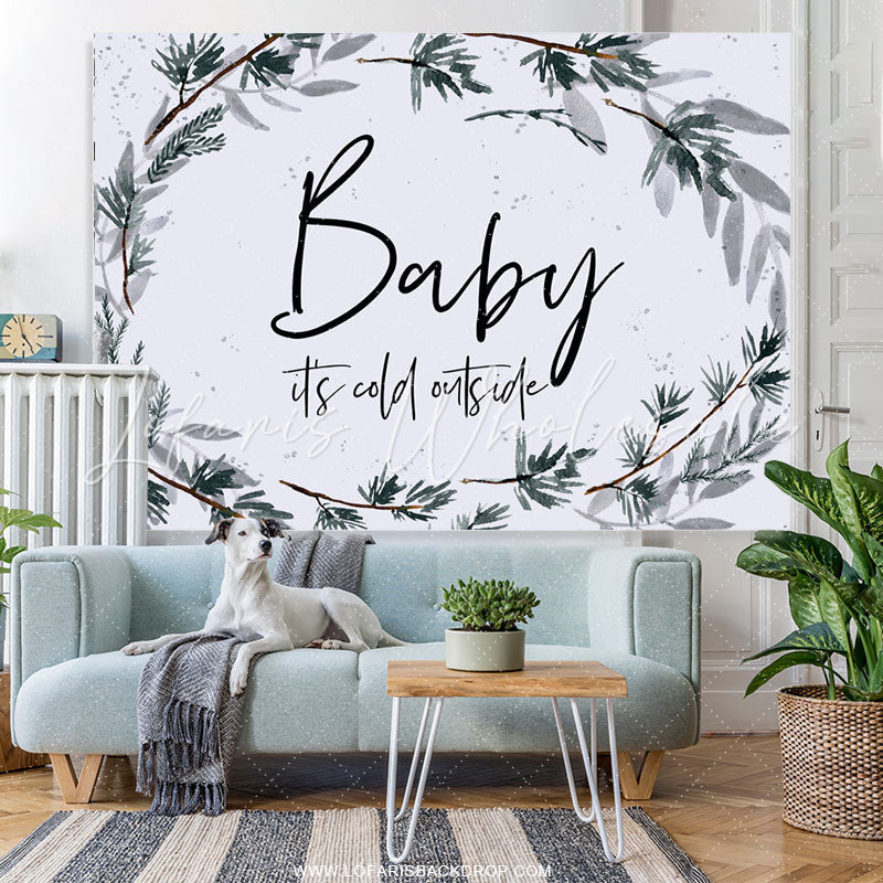 Lofaris Simple Winter With Leaves White Baby Shower Backdrop