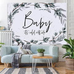 Lofaris Simple Winter With Leaves White Baby Shower Backdrop