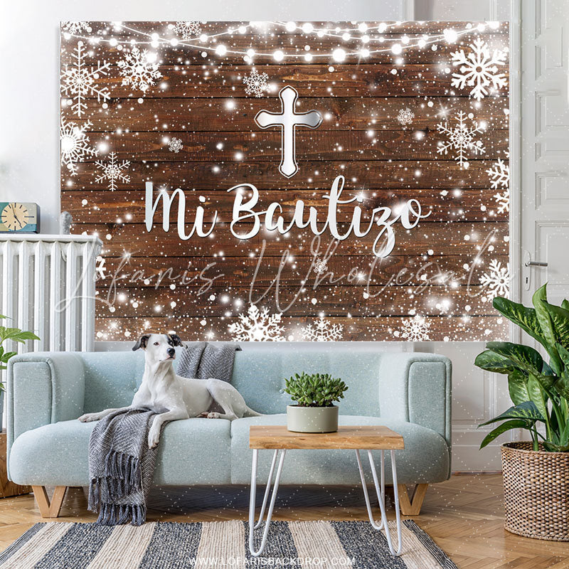 Lofaris Simple Wooden Snowflake Mi Bautizo Baptism Backdrop