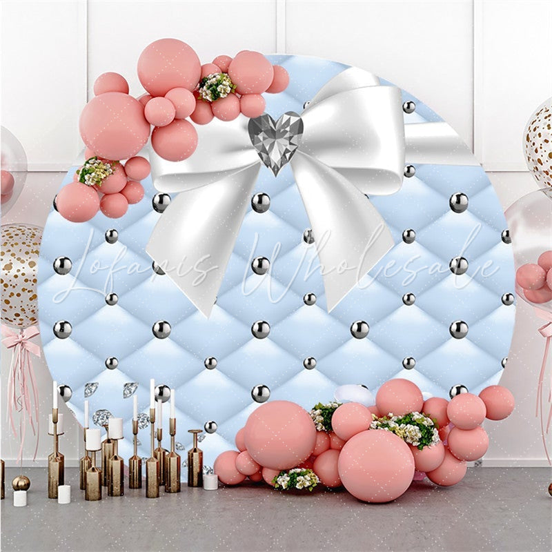 Lofaris Sky Blue And White Diamond Lovely Bow Round Backdrop