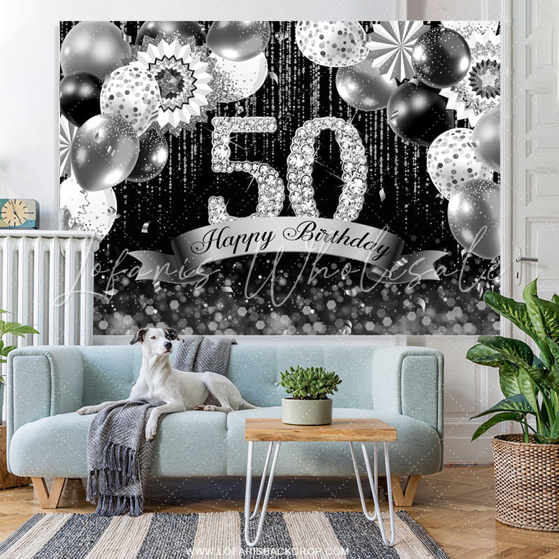 Lofaris Silver And Black Bokeh Glitter 50th Birthday Backdrop