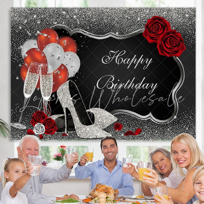 Lofaris Silver and Black Happy Birthday Party Backdrop for Decor