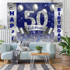 Lofaris Silver And Blue Bokeh Glitter Happy 50th Birthday Backdrop