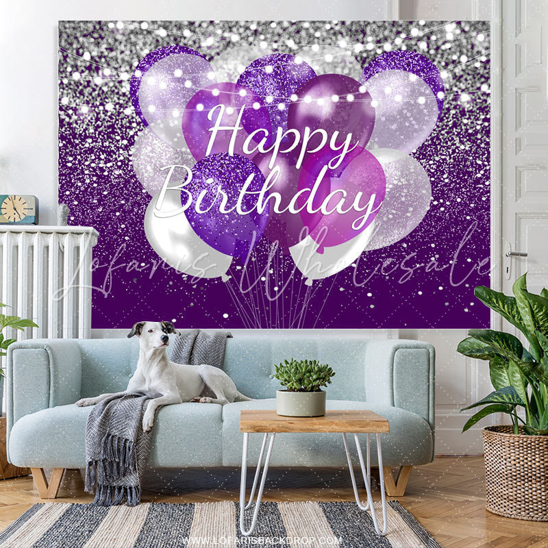 Lofaris Silver And Purple Glitter Balloons Birthday Backdrop