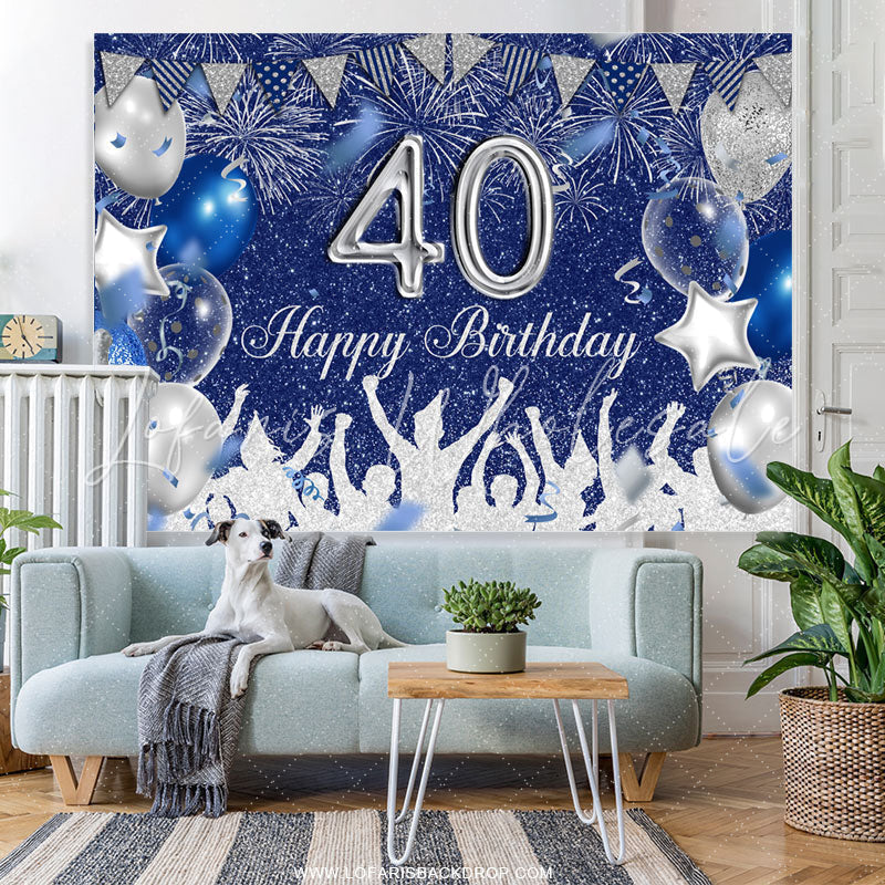 Lofaris Silver And Royal Blue Glitter Happy 40th Birthday Backdrop