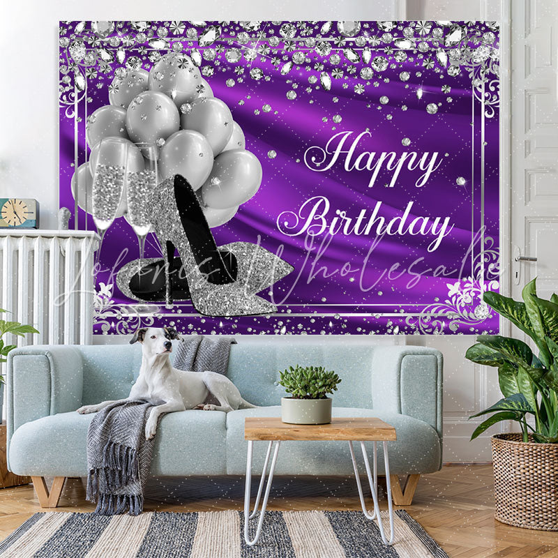 Lofaris Silver Balloon and Diamonds Purple Birthday Backdrop