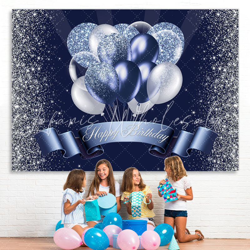 Lofaris Silver Blue Balloon Glitter Backdrop for Birthday Party
