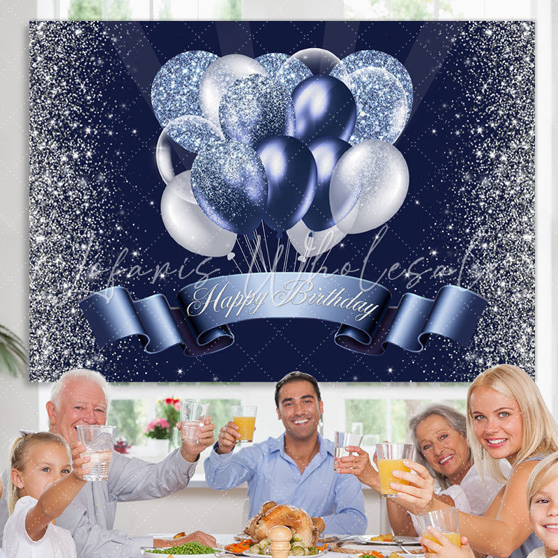 Lofaris Silver Blue Balloon Glitter Backdrop for Birthday Party