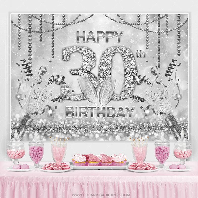 Lofaris Silver Bokeh Diamonds Happy 30th Birthday Party Backdrop