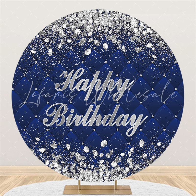 Lofaris Silver Diamonds Round Navy Blue Happy Birthday Backdrop
