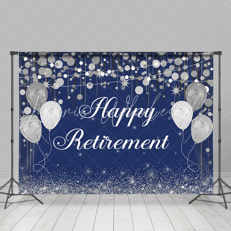 Lofaris Silver Glitter Balloon Blue Happy Retirement Backdrop