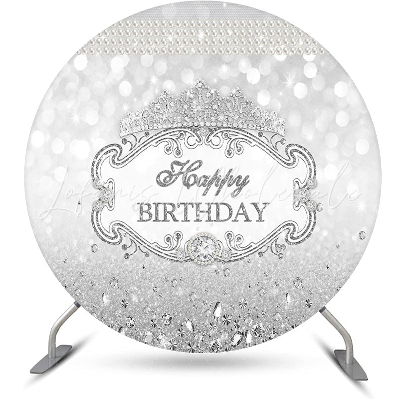 Lofaris Sliver Glitter Crown Pearl Round Birthday Backdrop